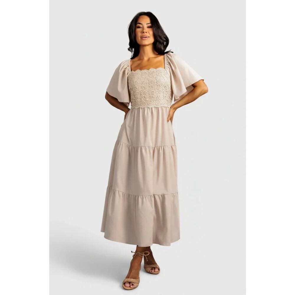 Baltic Born Fauna Lace Dress Size Large Natural Tiered Scallped Neckline New